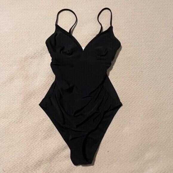 Cupshe Black One Piece Swimsuit Women’s Small V-Neck Ruched Adjustable Straps - Picture 4 of 10